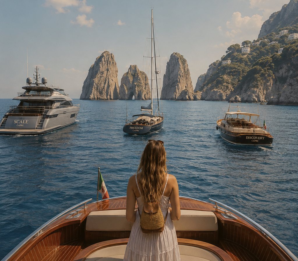 A woman stands at a stone railing above the sea, looking out at small wooden boats anchored beneath the limestone cliffs of Capri.